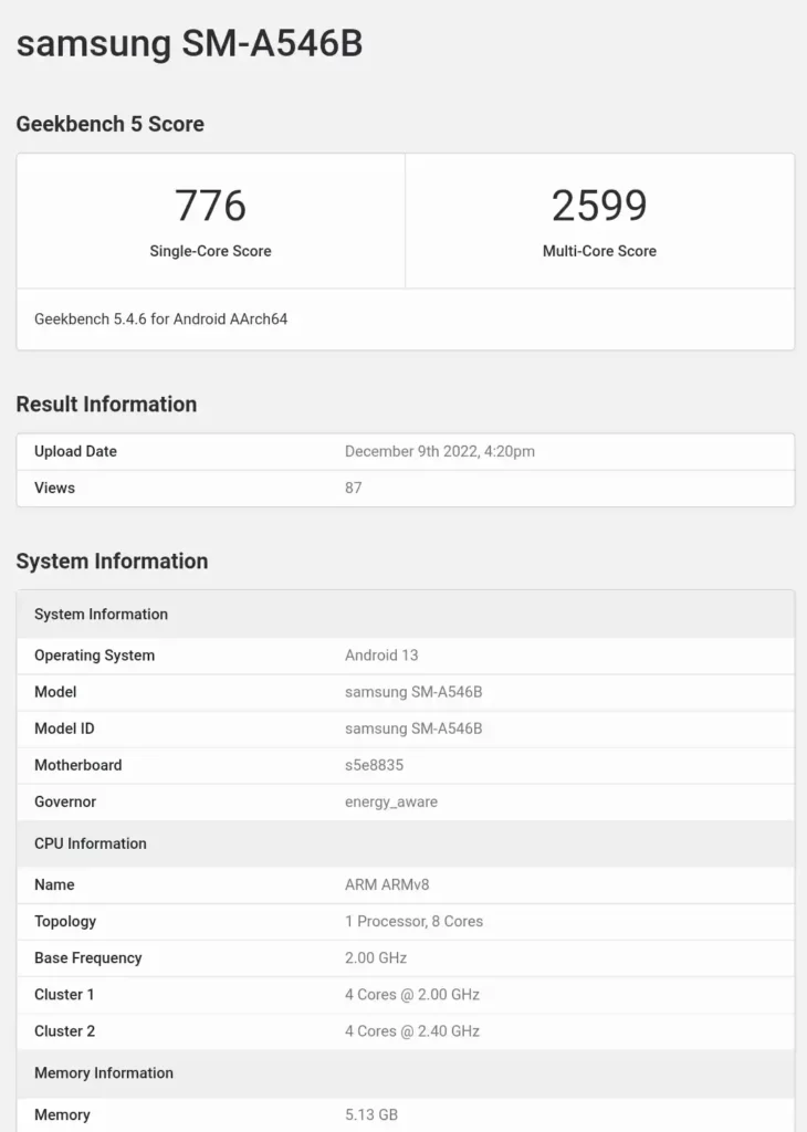 Geekbench score of Samsung Galaxy A54